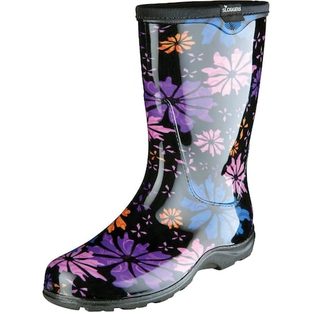 Sloggers Women's Size 10 Black w/Flowers Rain & Garden Rubber Boot, PR 5016FP10